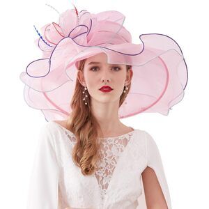 Women's Organza Sun Hat Big Flower Veil Fascinator Hairpin Wide Brim 3871